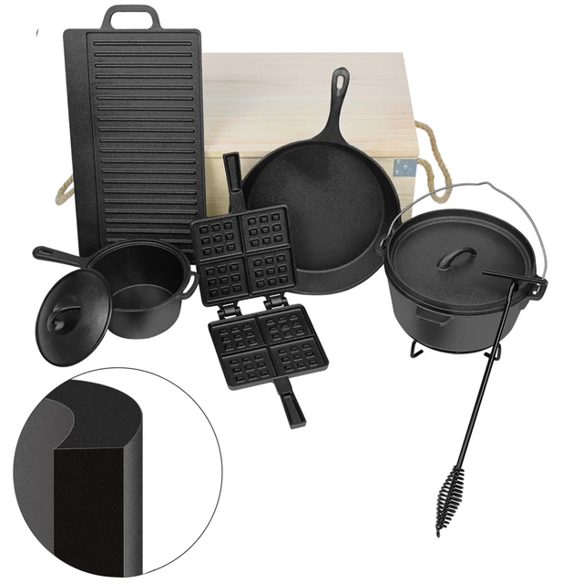 Dutch Oven Set 11 - teiliges Holzkiste Kochtopf Grillplatte Pfanne Feuertopf Neu