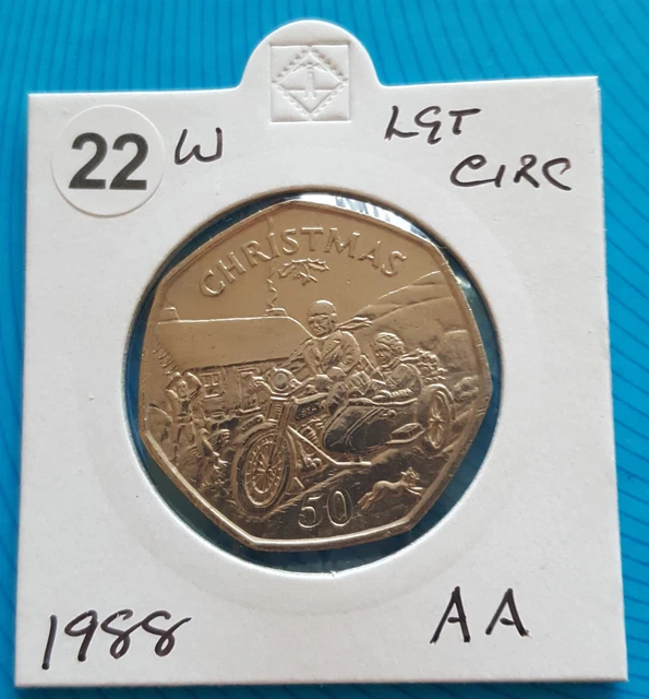 1988. ISLE OF Man Christmas 50p coin, BSA Motorcycle & Sidecar, CIRC AA