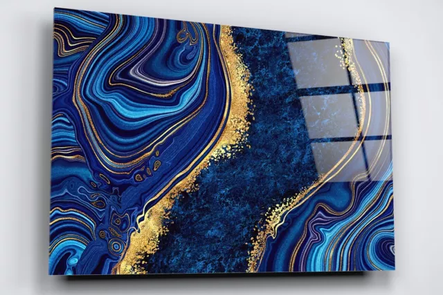 Blue & Gold Abstract Tempered Glass Printing Wall Art Australian Made Quality