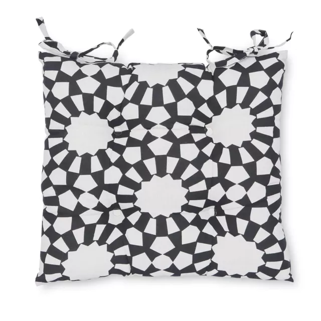 Kaleidoscope Cotton Geo 40x40cm Indoor Outdoor Seat Pad Cushion Pair Black/White