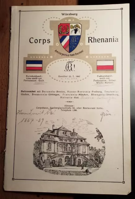 Corps Rhenania Würzburg - Wappen Zirkel Haus - um 1910 - Tafel / Studentika