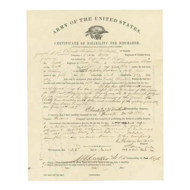 1862 Civil War Discharge — 10th Massachusetts —Signed by General Innis N. Palmer