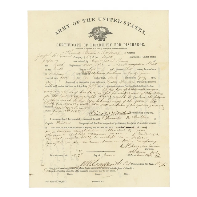 1862 Civil War Discharge — 10th Massachusetts —Signed by General Innis N. Palmer 1862 Civil War Discharge — 10th Massachusetts —Signed by General Innis N. Palmer
