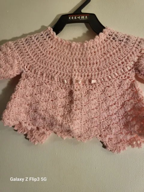 Vintage Hand Knit Crochet Baby Girl Cardigan Sweater Open Work
