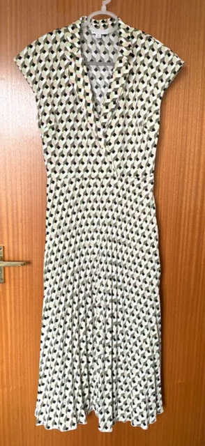 Warehouse Graphic Print Dress Deep V-Neck Pleated Skirt Size 8 Uk Length 48”