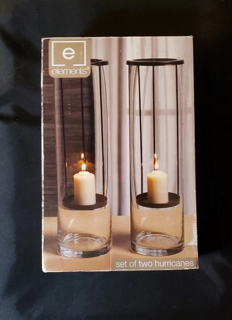 Elements Cylindrical Glass Hurricane Metal-Drop Candle Holders 14" Tall Set/2