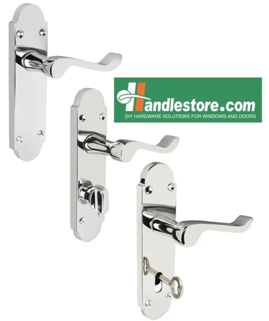 Shaped Scroll Polished Chrome Door Handle Set either Latch, Bathroom, Lever lock