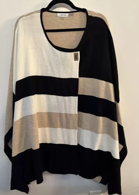 Calvin Klein Sweater Poncho Cape One Size Black Tan Ivory Colorblock Shawl