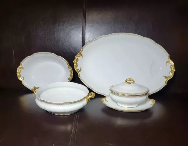 D&C France Bernardaud Limoges White Gold Platter Gravy Boat Lot Of 4 Dinnerware