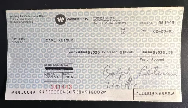 Carl Reiner Signed Rare Original 1985 Warner Bros. Paycheck!!!!!