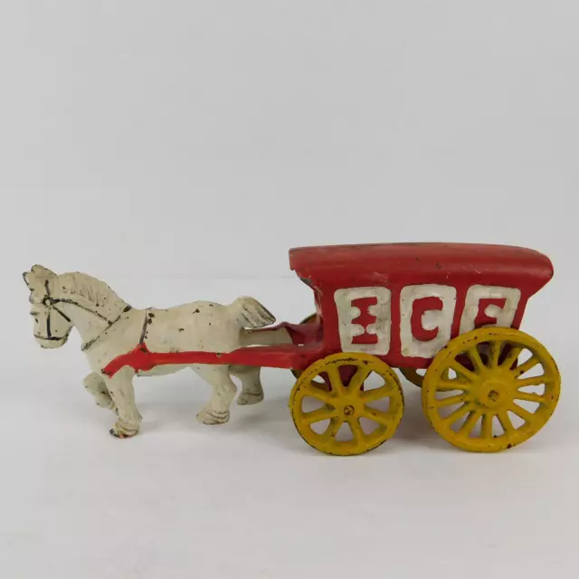 Vintage Cast Iron Horse Drawn ICE Wagon Carriage Original 7.5" Moving Wheels MCM