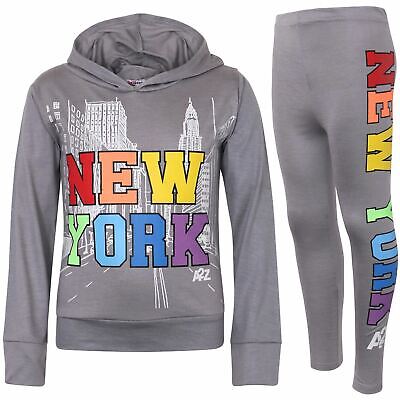 Bambine Crop & Legging New York Stampa Felpa con cappuccio grigio acciaio fondo Outfit Set