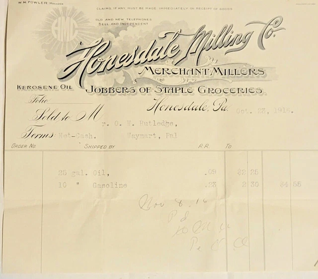 Honesdale Milling Co Honesdale PA 1916 Billhead Grocers