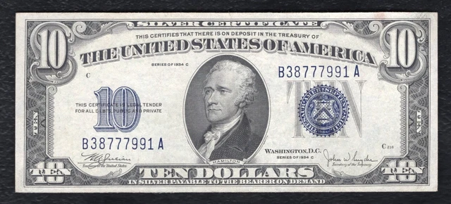 Fr. 1704 1934-C $10 Ten Dollars Silver Certificate Currency Note About Unc (C)