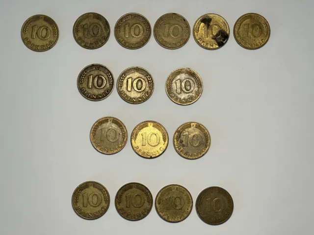 1949-1986 D G F J Germany Nice Old Vintage 10 Pfennig Lot Set Of 16 Coins