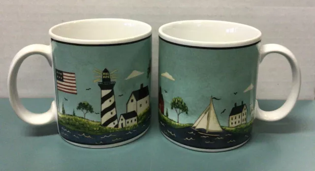 2 Warren Kimble COASTAL BREEZE 1998 Sakura Coffee Cup Mugs Nautical Lighthouse