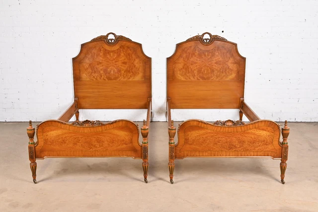 French Regency Louis XVI Carved Satinwood and Burl Wood Twin Beds, Pair