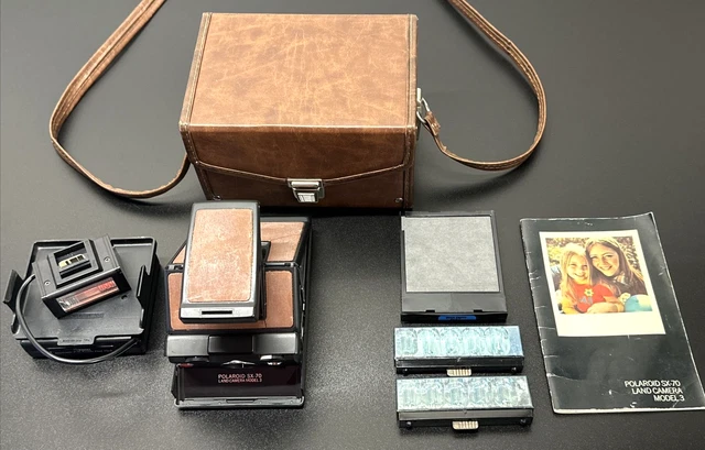 POLAROID SX-70 CÁMARA TERRESTRE MODELO 3 con Manuales de Estuche P-70 Doble Flash Adaptador Untest