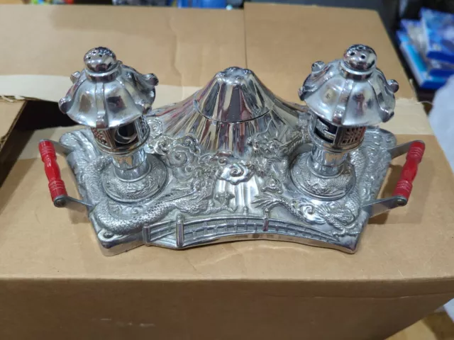 Vintage Metal Japanese Nikko Salt & Pepper Shakers Set Tray Mt Fuji Deal