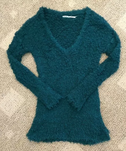 Kimchi Blue Pullover V-Neck Teddy Sweater Teal Size Small Cozy Chic Shag Fuzzy 2