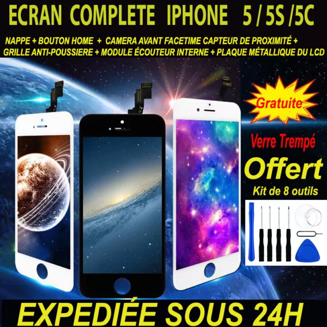 VITRE TACTILE ECRAN LCD COMPLET IPHONE 5 / 5s / 5C BLANC NOIR SUR CHÂSSIS