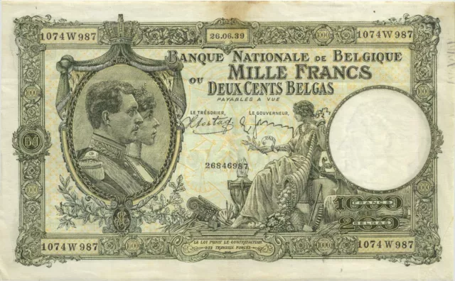 Belgien / Belgium P.104 1000 Francs = 200 Belgas 26.6.1939 (3)