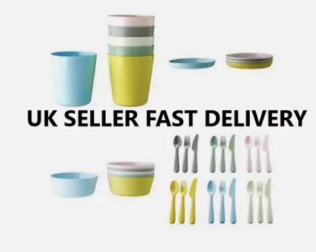 IKEA KALAS Kids Plastic Bowls Cups Plates Cutlery 36 Piece Set New Pastel Colour