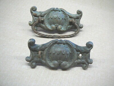 PAIR ANTIQUE DRAWER BAIL PULLS ORNATE BRASS BACKPLATES  3" Centers -  No.6-1