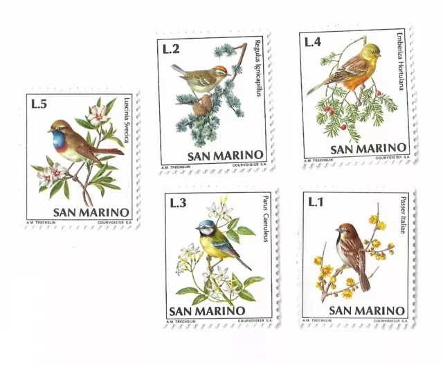 San Marino postage stamps x 5, Birds 1972, off paper