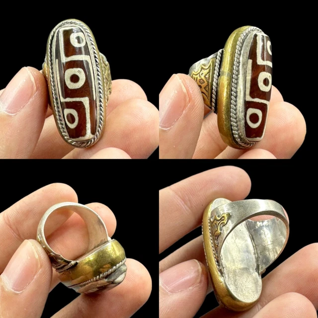 Rare ancient pyu agate bead with three eyes solid silver ring