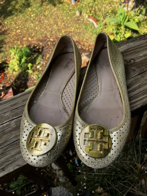 Tory Burch Reva Ballet Flats Size 8 Gold Metallic Perforated Shoes Gold Logo