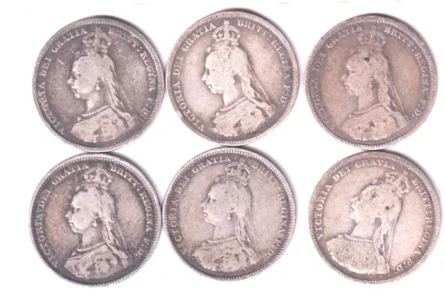 Queen Victoria 6 Silver Shillings Jubilee Head All 1887. Scrap Or Save?