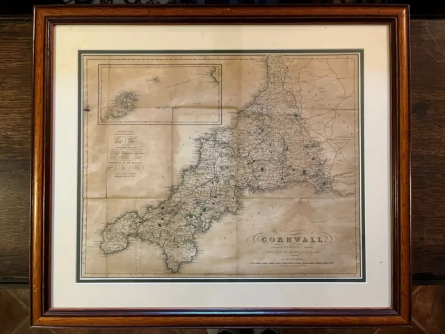 Framed antique map of Cornwall engraved By W W Rundell published W Wood c1850s