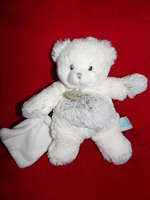 Doudou Peluche Babynat Ours Flocons Blanc Gris Chiné  Mouchoir
