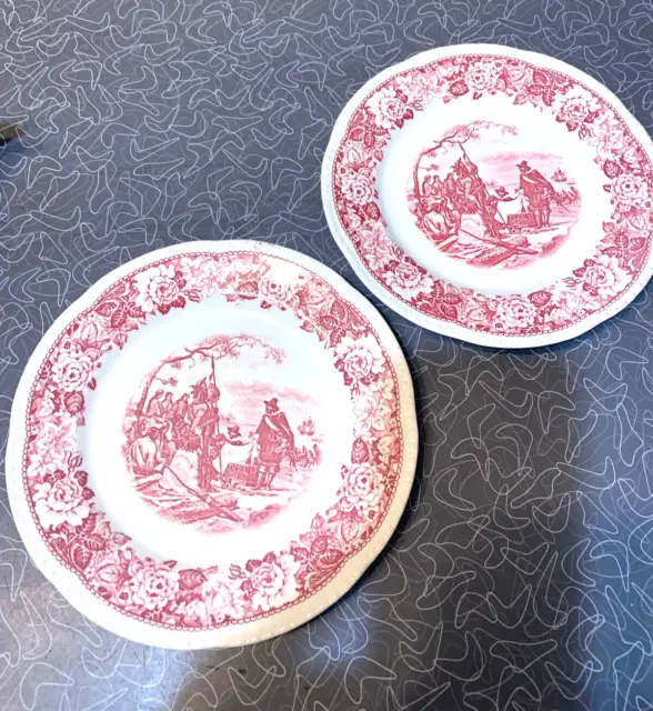 2 Vintage Salad Plates Historical America Red Scalloped Homer Laughlin pink/red