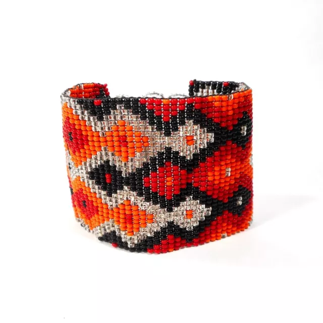 Huichol Beaded Bracelet Handmade Wide Cuff Mexican Folk Art Ethnic Gods Eye
