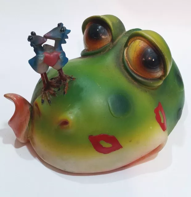 Cute Whimsical Green Frog Piggy Bank With Kisses & Bluebird Love Birds On Nose
