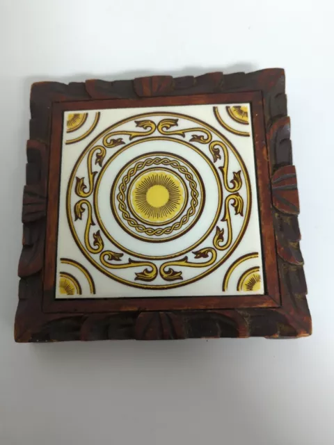 Vintage Hand Carved Wood Framed Dal-Tile Mexico Tile Footed Trivet Hot Plate 6x6