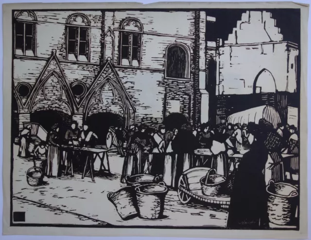 Gravure sur bois, marché, XXe siècle