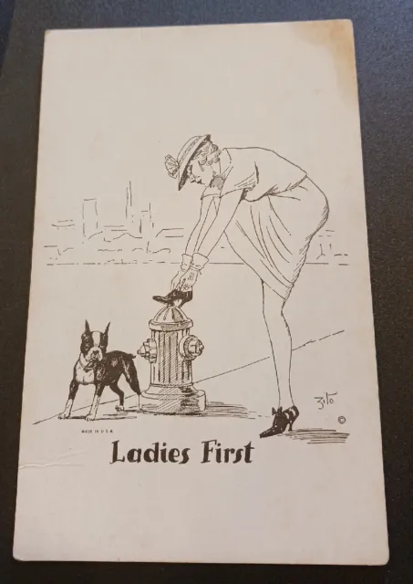Ladies First BOSTON TERRIER woman at hydrant Comic postcard Zito humor dog pup