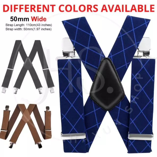 Mens Braces for trousers Elastic Suspenders X Shape Heavy Duty 50mm Wide .