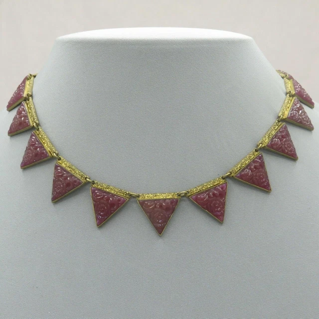 Vtg 1930s Art Deco Signed Czech Molded Carnelian Glass Geometric Flower Necklace