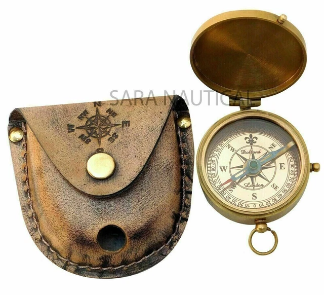 Brass Pocket Marine Poem Compass Nautical Antique Leather Case Navigation Tool