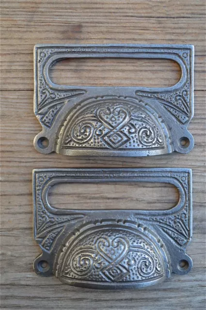 A Pair Of Large Edwardian Cast Iron Label Frame Handle Filing Drawer Pull Cb10