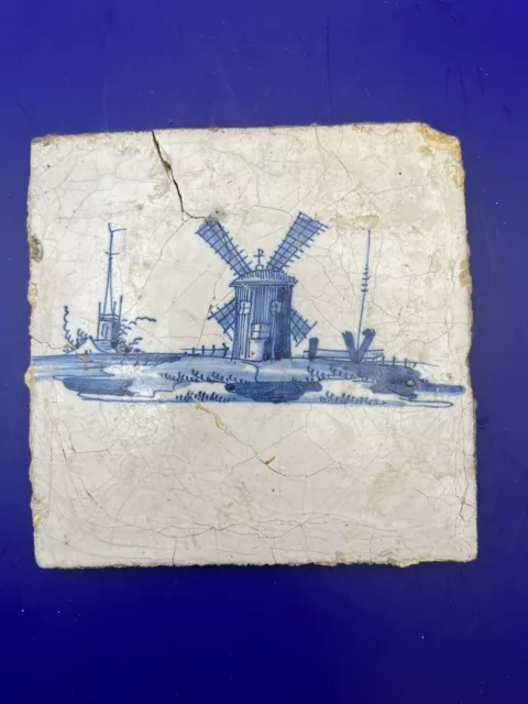 17th Century Antique Dutch Delft Blue/White Tile With Windmill