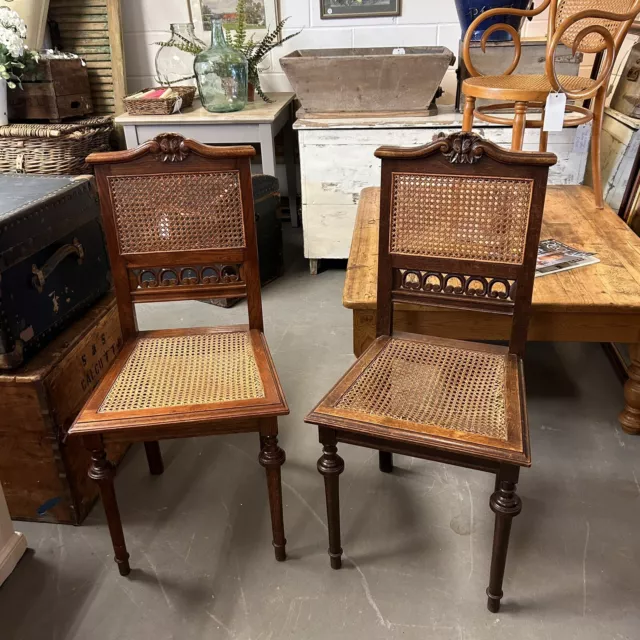 2 Antique Edwardian High Back Carved Oak Cane Chair Seat Country House Furniture