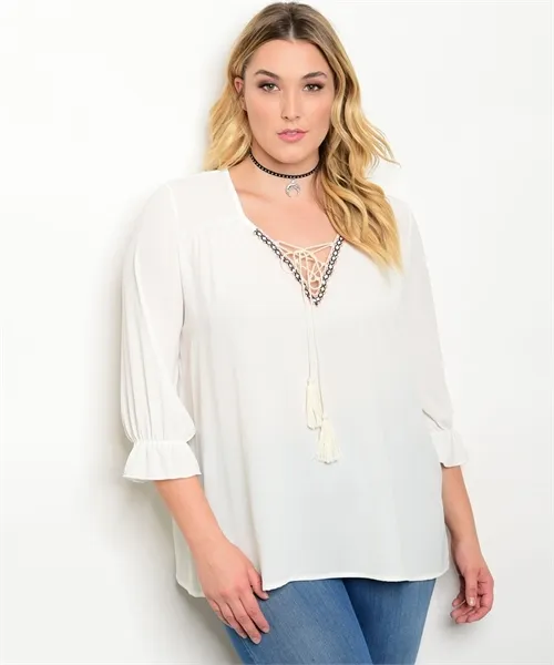 Womens Plus Size White Top 2XL Boho Style Tassel Accents