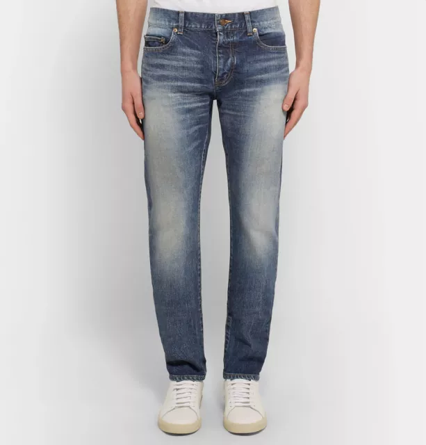$890 Saint Laurent Skinny-Fit 15Cm Hem Washed Stretch-Denim Jeans Size 30 T02