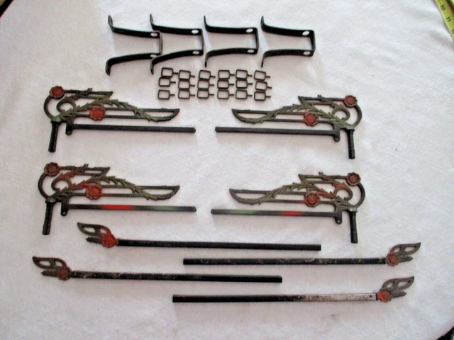 Antique Four Drapery Swing Arm Rods With Brackets And 18 Square Curtain Hooks