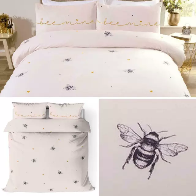 Blush Pink Bee Mine Bumblebee & Love Hearts Duvet Quilt Cover Bedding Set